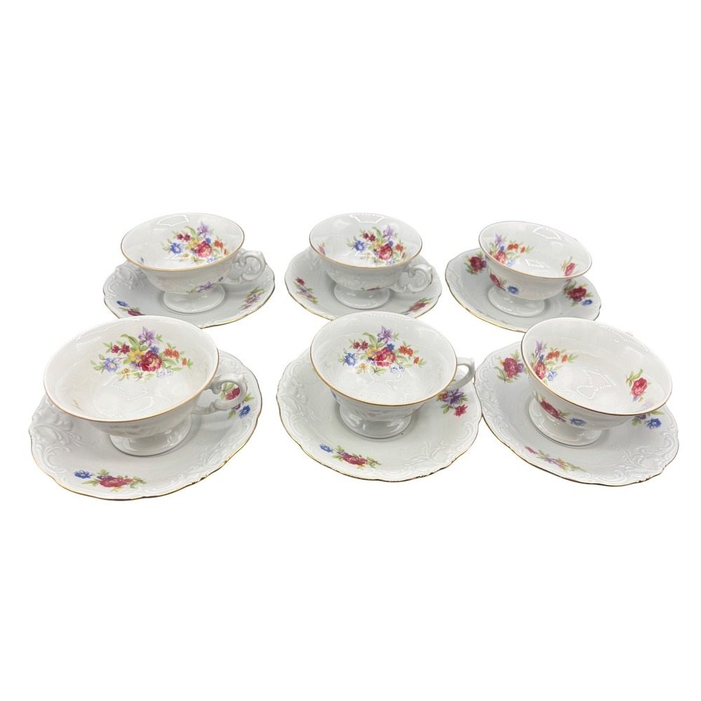 Wawel Poland Floral Porcelain Tea Cup and Saucer Set‎ of 6 Gold Trim Vintage